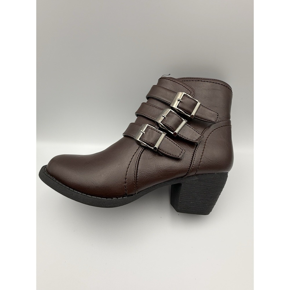 Pink Label‎ Womens Size 8 Brown Ankle Booties Triple Buckle Side Zip Low HeelNEW